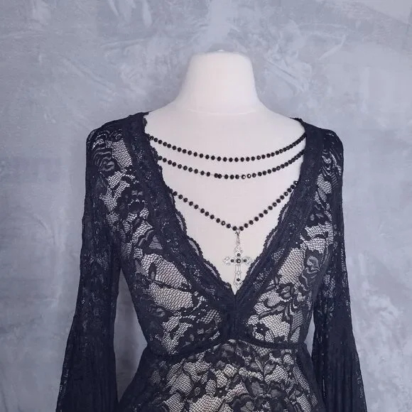 WIDOW Black Lace Gothic Grand Affair Maxi Dress Size M Sheer Romantic Goth Witch - Picture 7 of 13